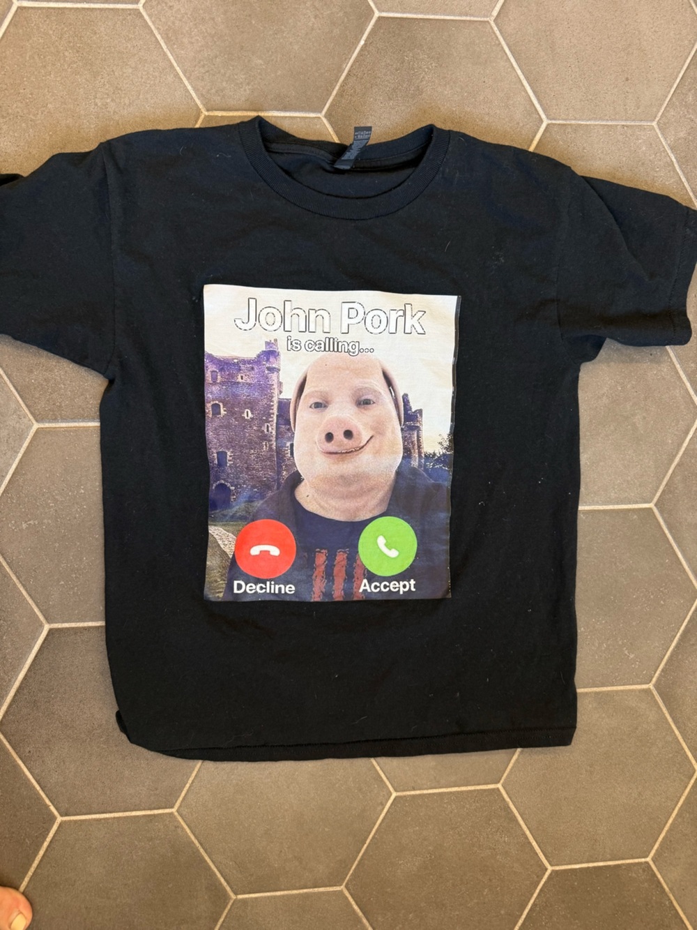 Kids Black Graphic Tee with 'John Pork' Call Design